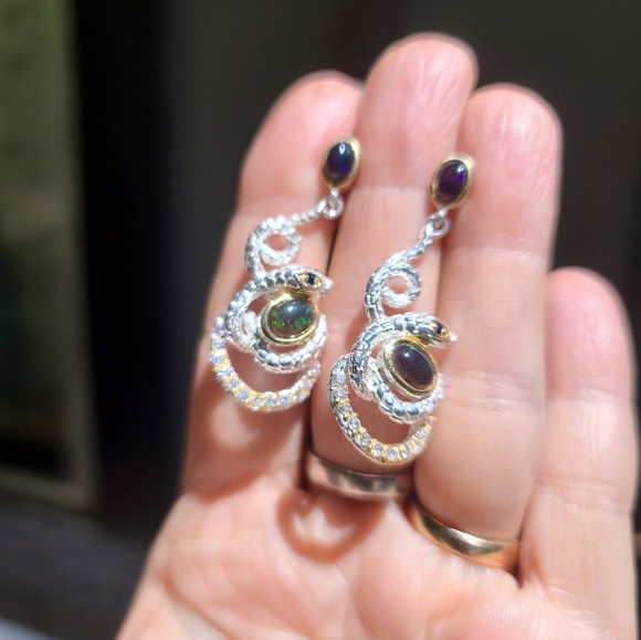 Black Opal sapphire &Topaz Sterling &Gold serpent 🐍 earrings - Picture 8 of 9